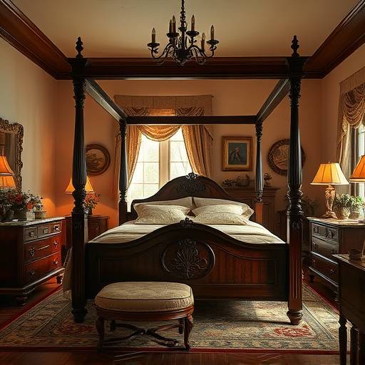 Image de la location 1 : Une chambre avec un lit à baldaquin et des meubles d'époque.