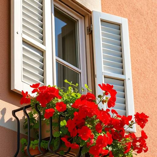 Image de la location 4 : Détail d'un balcon fleuri avec des géraniums rouges.