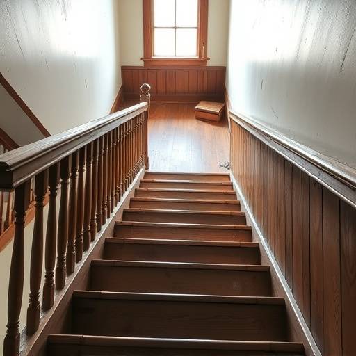 Image de la location 5 : Escalier en bois menant à l'étage, avec rambarde cassée.