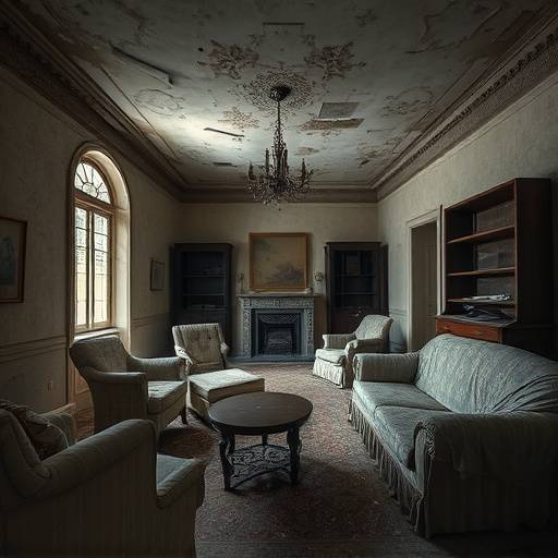 Image de la location 5 : Intérieur délabré de la maison principale avec meubles recouverts de poussière.