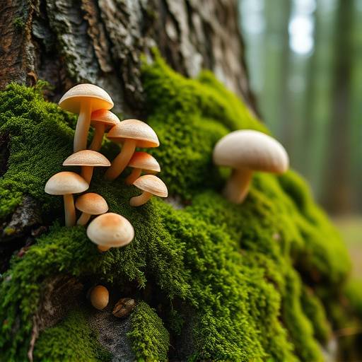 Image de la location 9 : Détail de mousse et de champignons sur un tronc d'arbre dans les Vosges.