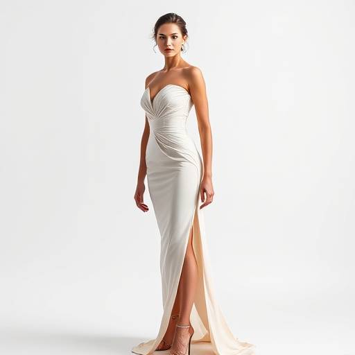 Photo de mode dans le Studio Azur, avec un modèle portant une robe de créateur devant un fond blanc, mettant en avant la silhouette et le design unique.