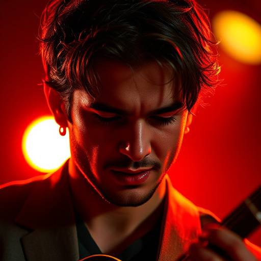 Portrait d'un musicien avec son instrument, éclairage dramatique soulignant l'expression et la passion.