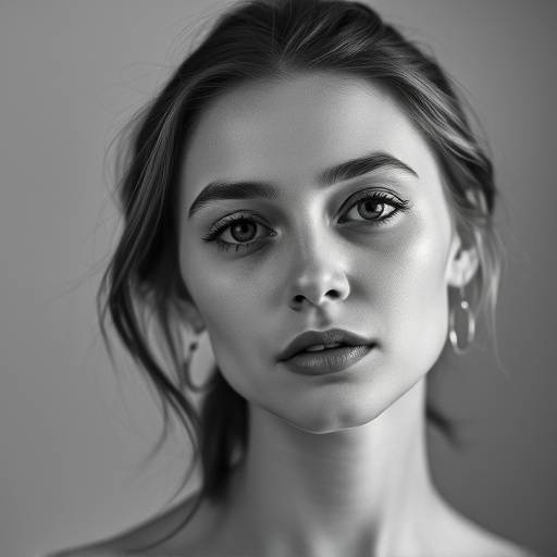 Portrait en noir et blanc d'une jeune femme dans le Studio Ambre, capturant sa beauté naturelle avec une lumière douce.