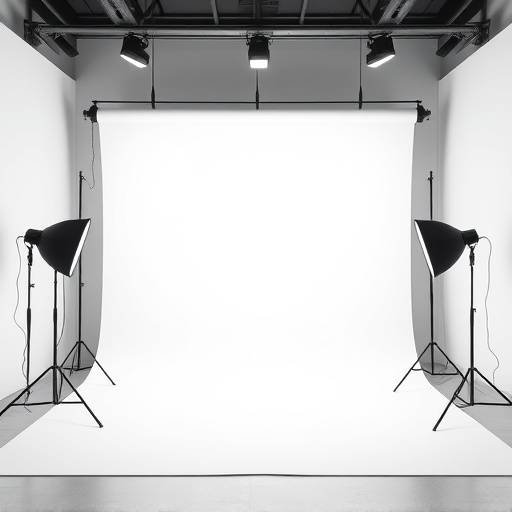 Studio Azur, un grand studio photo avec un fond blanc et trois lampes de studio, visible depuis un angle légèrement surélevé.