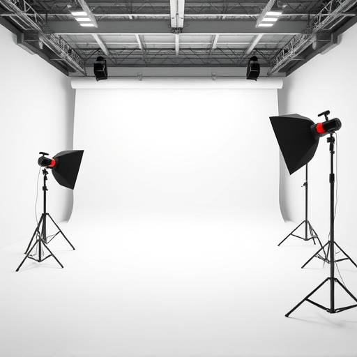Studio photo spacieux avec fond blanc et équipement d'éclairage